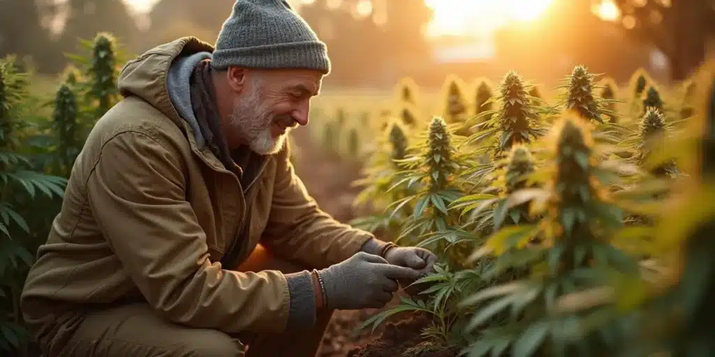 An experienced grower tending to cold-resistant cannabis plants in a chilly outdoor field. Best outdoor seeds for cold climate help ensure healthy growth despite low temperatures.