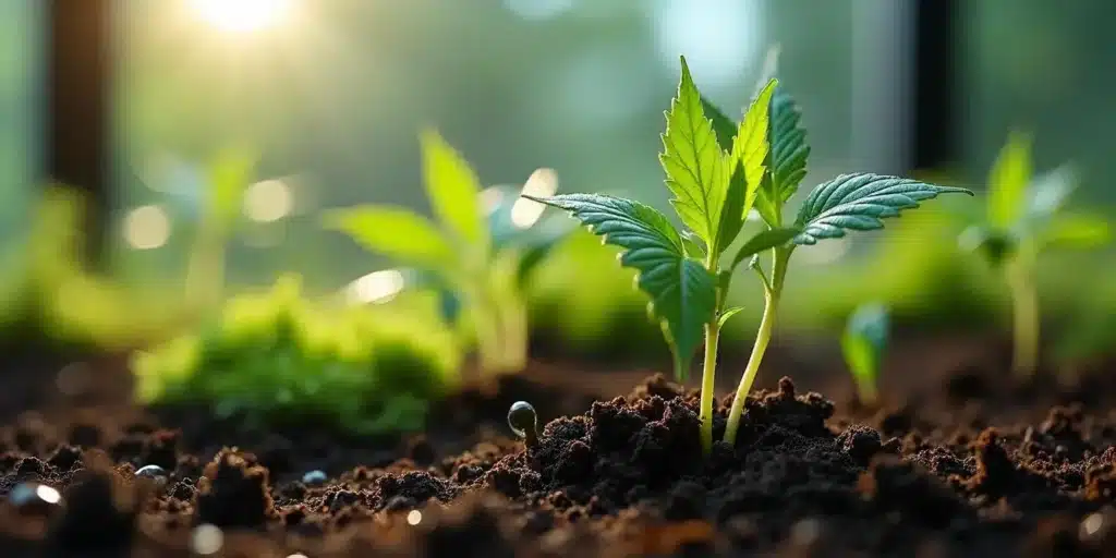 Young cannabis seedlings growing in nutrient-rich soil under natural light.