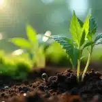 Young cannabis seedlings growing in nutrient-rich soil under natural light.