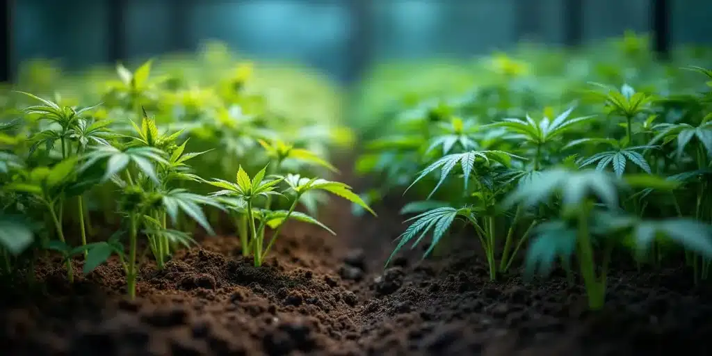 A field of young cannabis plants growing in nutrient-rich soil. Using the best outdoor fertilizer for weed ensures strong root development and vigorous growth.