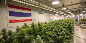 Indoor cannabis grow room in Thailand with LED lighting and lush green plants under the Thai flag.