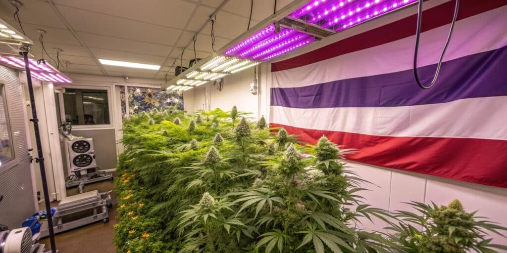 Indoor cannabis cultivation room in Thailand with rows of green plants and artificial lighting.