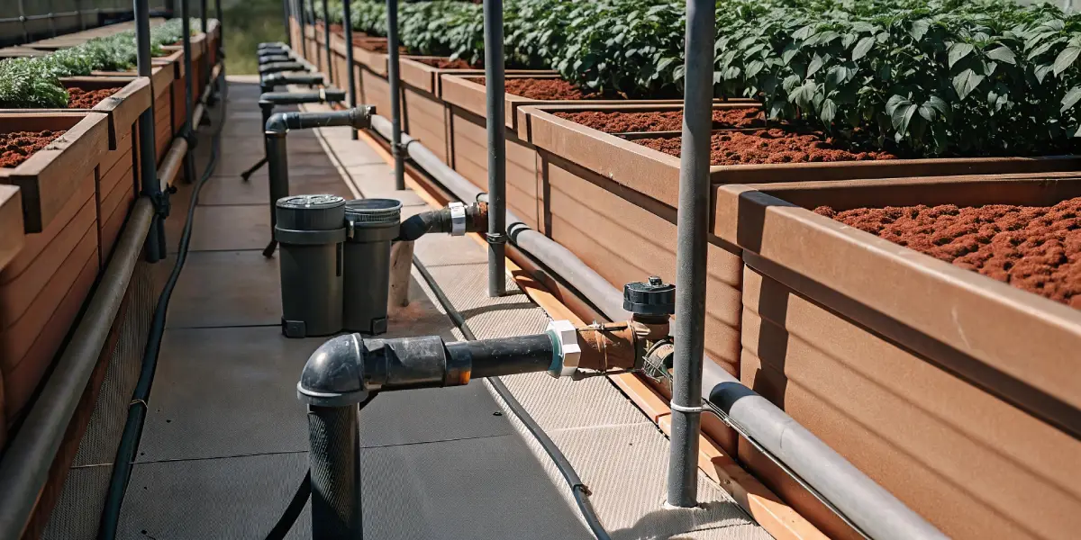 Advanced cannabis irrigation system inside a modern greenhouse with automated watering controls