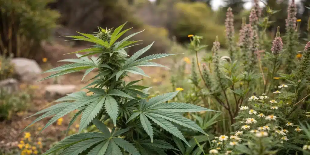 Well-maintained cannabis plants integrated into a landscaped backyard with flowers, stone planters, and greenhouse covers for discretion