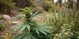 Well-maintained cannabis plants integrated into a landscaped backyard with flowers, stone planters, and greenhouse covers for discretion