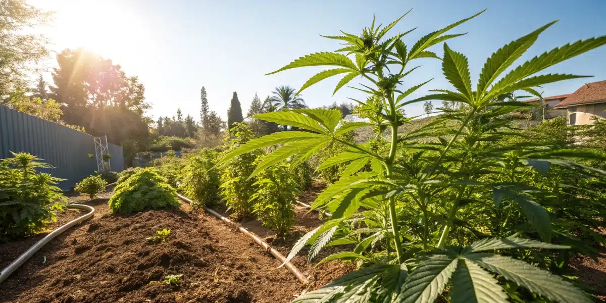 Sunlit outdoor cannabis garden with rows of plants and irrigation lines, next to a building.