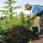 Farmer in a straw hat and overalls bending to fertilize cannabis plants in an outdoor field.