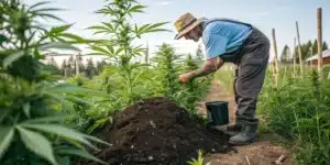 Farmer in a straw hat and overalls bending to fertilize cannabis plants in an outdoor field.