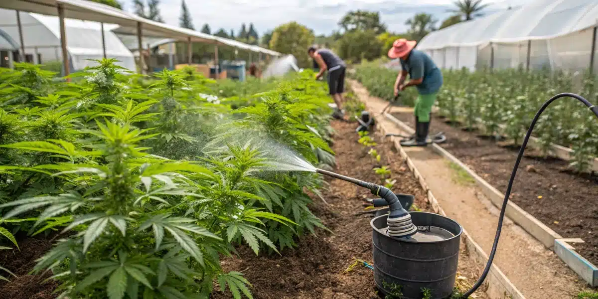 Workers watering rows of cannabis plants in an outdoor grow area with large greenhouses in the background.