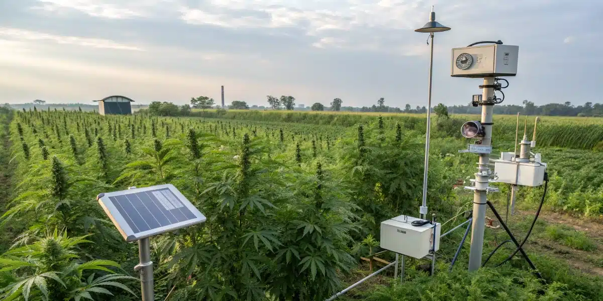 Outdoor cannabis farm with rows of lush plants and a weather monitoring station, under a bright sky.