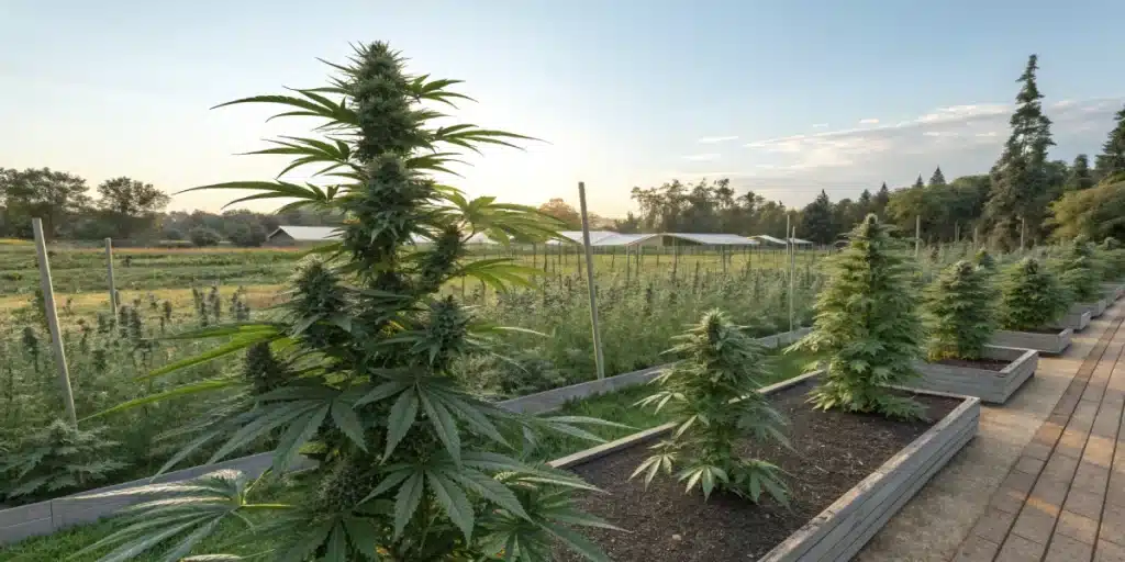 Outdoor autoflower cannabis plants growing in raised beds during sunset.
