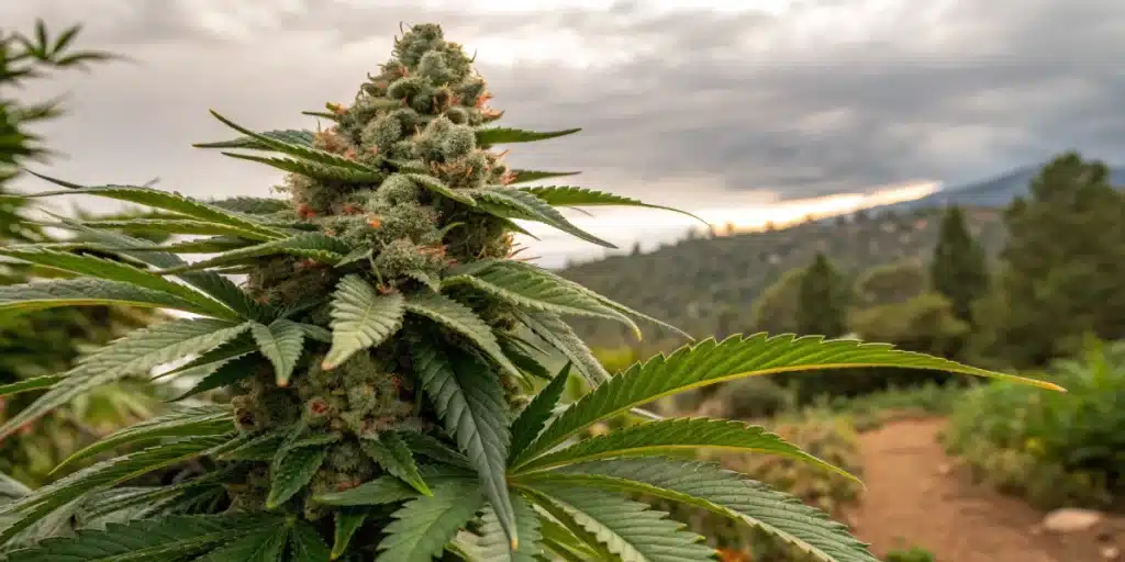 Lush cannabis plant thriving outdoors with dense, resin-coated buds and vibrant green leaves, set against a mountainous landscape