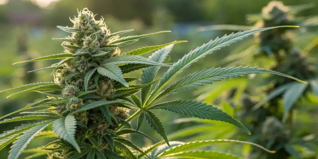 Close-up of a healthy cannabis strain growing outdoors, featuring thick buds covered in trichomes and long serrated leaves under sunlight.