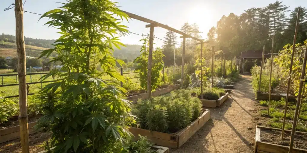 A large cannabis plant in a raised bed is captured, reflecting the best outdoor grow setup beneath bright sunlight in a scenic garden.