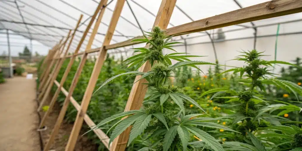 A tall cannabis plant with wooden support is featured, illustrating the best outdoor grow setup cannabis under greenhouse conditions.