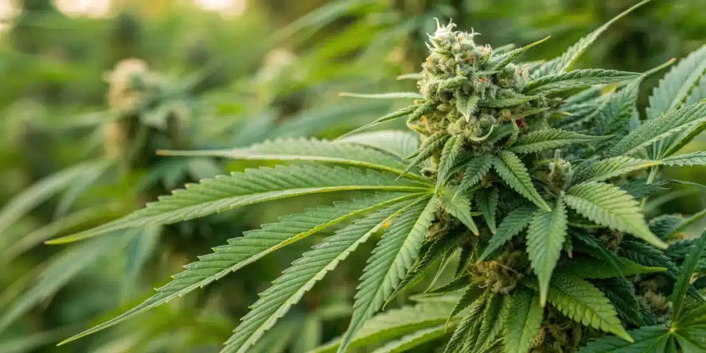 A lush outdoor cannabis garden featuring the best outdoor strains thriving under natural sunlight and clear blue skies.