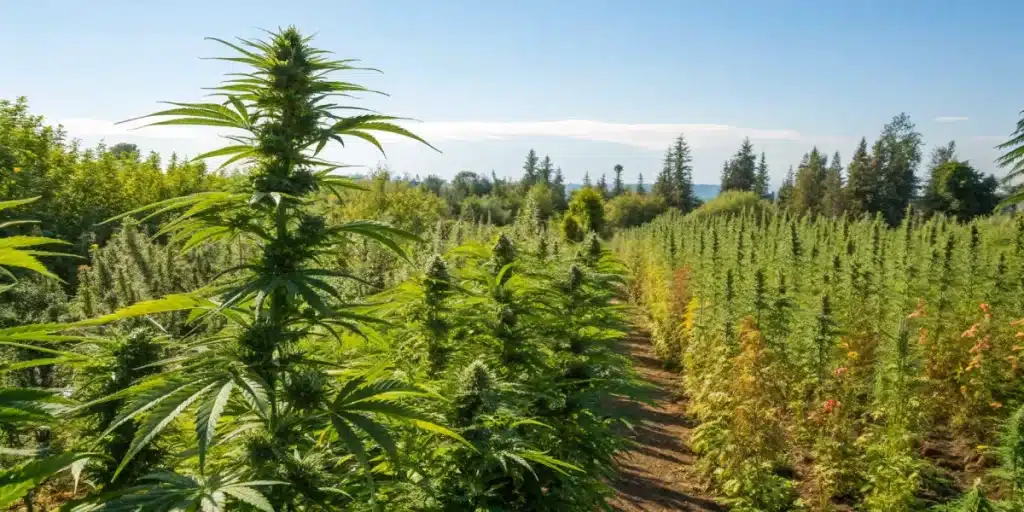 Panoramic view of a vast outdoor cannabis field featuring the best outdoor strains, with rows of healthy, robust plants under natural light.