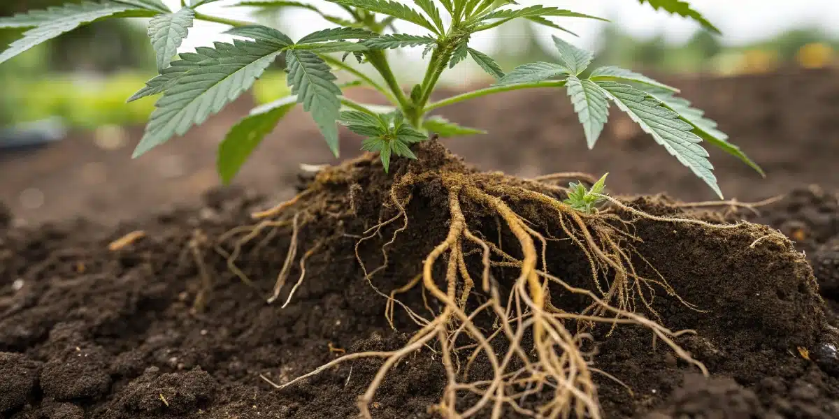 Cannabis seedling with exposed roots settled in rich, dark outdoor potting soil under soft natural light.