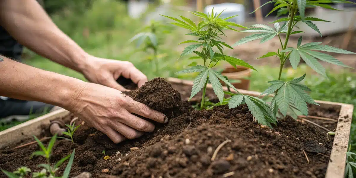 Hands packing nutrient-rich soil around young cannabis plants in an outdoor garden bed at sunrise
