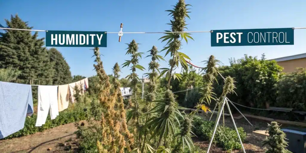 Outdoor cannabis garden with healthy marijuana plants, a drying setup, and signs for humidity and pest control management.