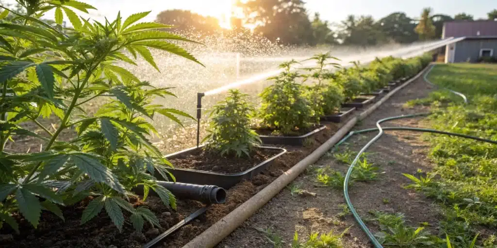 Lush cannabis plants growing outdoors in individual pots, irrigated by a sprinkler system under the warm sunlight