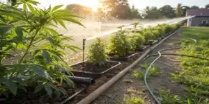 Lush cannabis plants growing outdoors in individual pots, irrigated by a sprinkler system under the warm sunlight