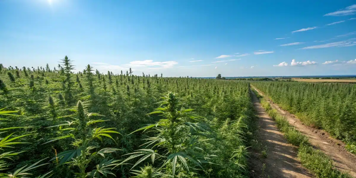 Expansive pot farm with dense, green cannabis plants stretching across a vast field under a bright blue sky