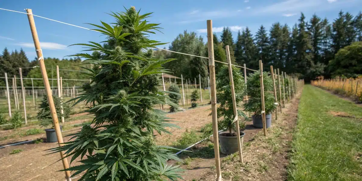 Tall weed plants flourishing in an organized outdoor field, supported by wooden stakes and string for structural stability