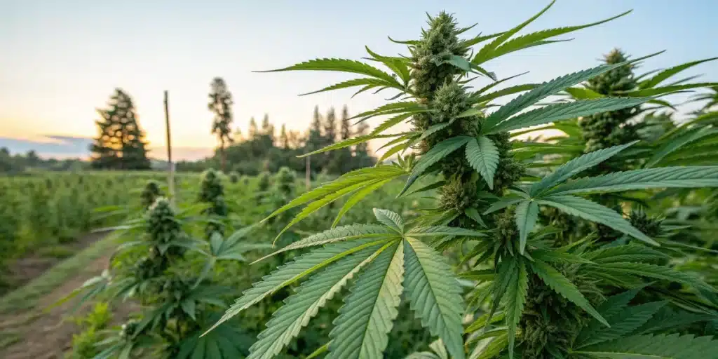 Cannabis autoflower seeds outdoor producing tall, robust plants with dense colas and bright green leaves in an open garden setting.