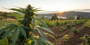 Cannabis field at sunset with large flowering plants and scenic landscape in the background.