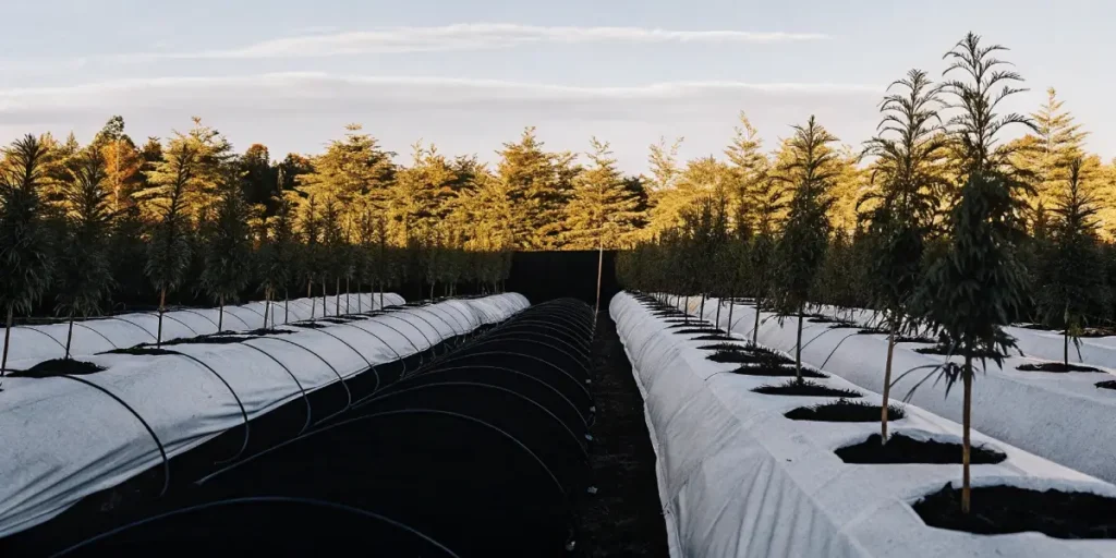 Rows of cannabis plants under light deprivation covers in an outdoor field at sunset