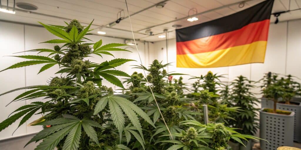 A controlled indoor cannabis grow room in Germany with lush green plants and national flags.