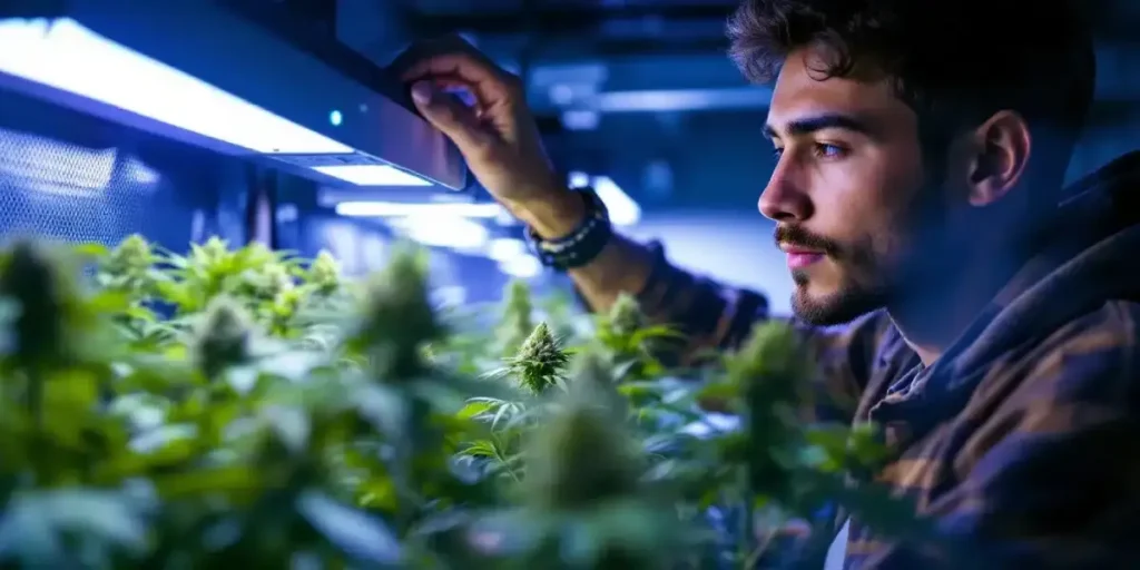 Cannabis plant growing in a forest clearing with sunlight filtering through tall trees