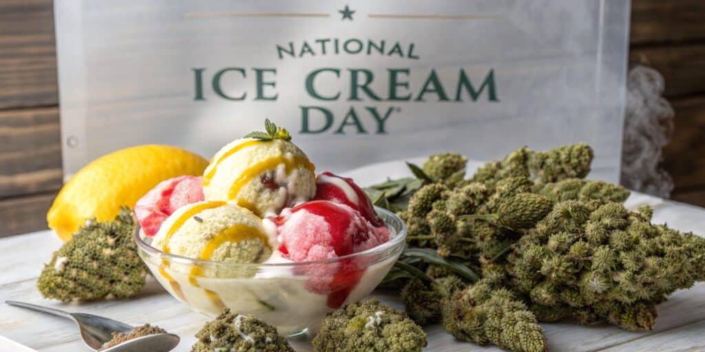 Colorful cannabis ice cream scoops with lemon and buds celebrating National Ice Cream Day.