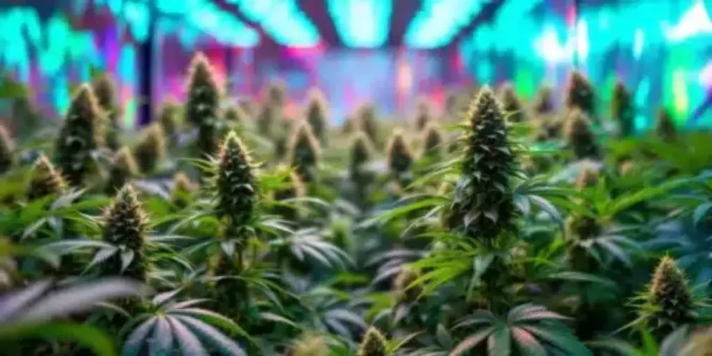 Close-up of cannabis leaf in a misty forest with THC molecular structure overlay