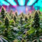 Close-up of cannabis leaf in a misty forest with THC molecular structure overlay