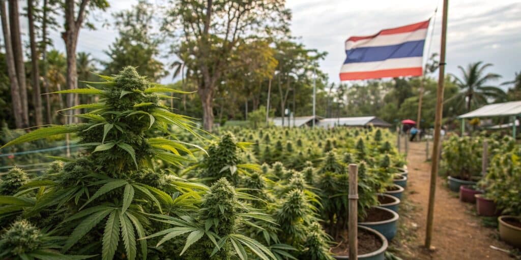 Potted cannabis plants in a Thai farm with a Thai flag, surrounded by tropical trees and a well-organized cultivation area.