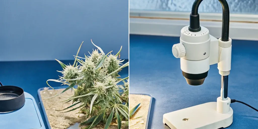 cannabis plant and microscope setup for lab analysis of cannabinoids and terpenes