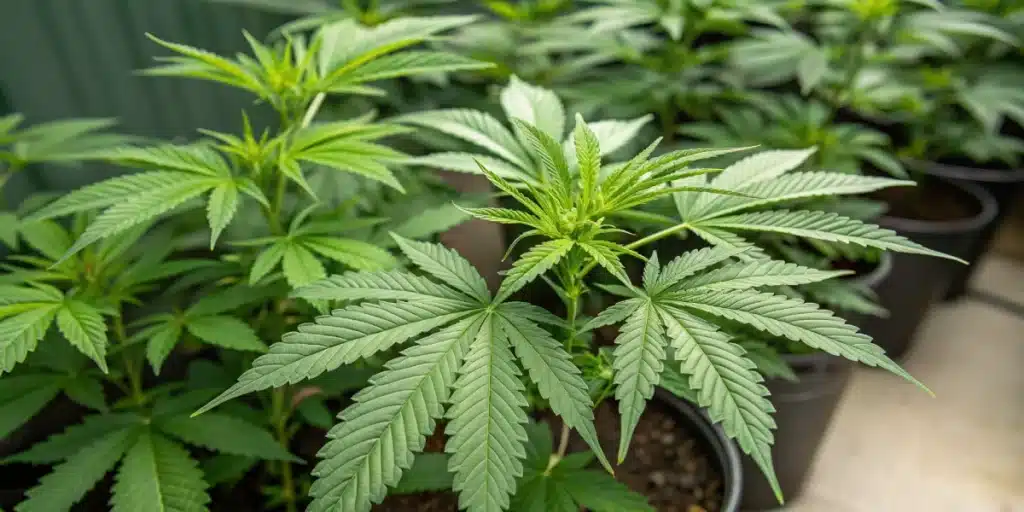 An overhead view of evenly spaced cannabis plants in a garden, illustrating cannabis plant spacing outdoor for healthier yields