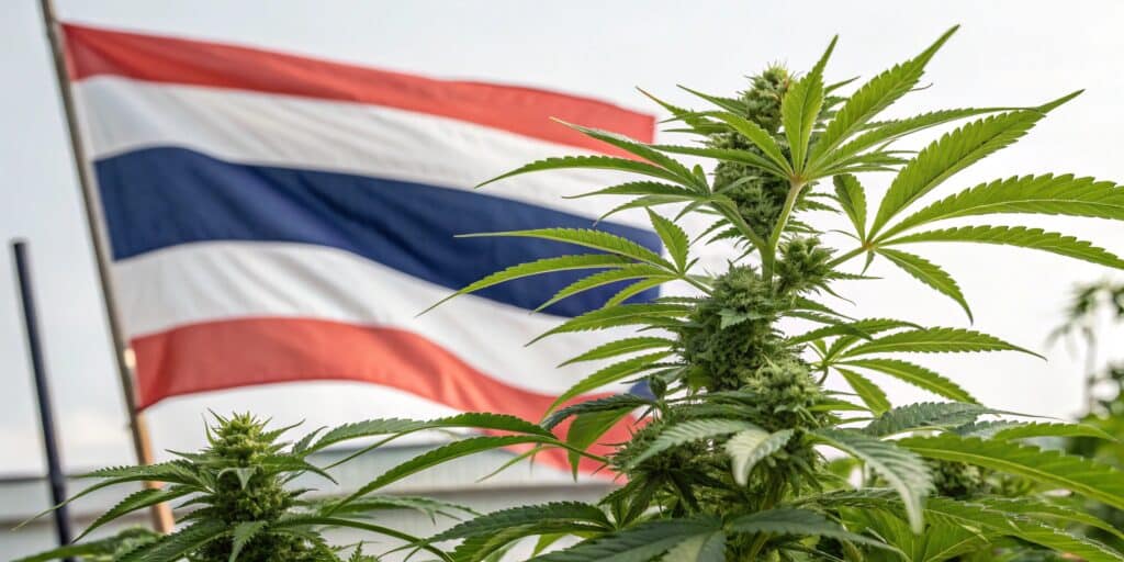 Close-up of lush cannabis plants with dense buds growing in front of a Thai flag.