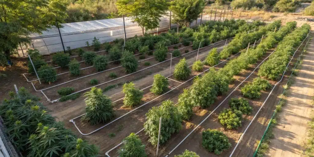 Multiple containers of various sizes are arranged outdoors, highlighting cannabis pot size outdoor strategies for robust growth