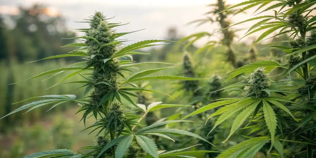 Cannabis sativa outdoor cultivation displaying tall stalks, narrow leaves, and thick, resinous flowers at sunset.