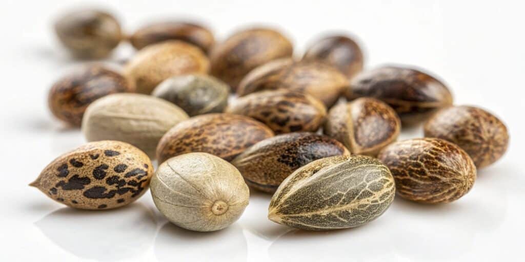 A close-up of various cannabis seeds displaying unique textures and color variations.