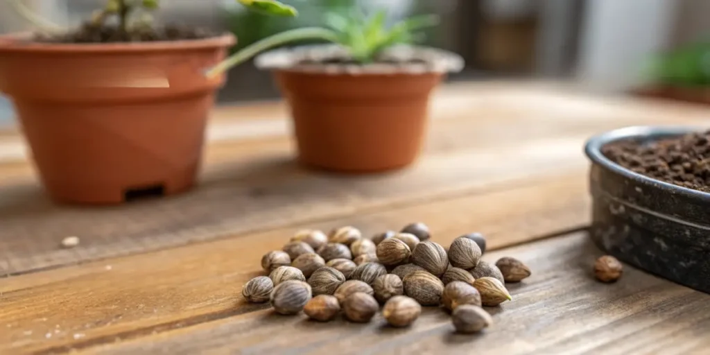 cannabis seeds on a wooden table with potted plants in the background