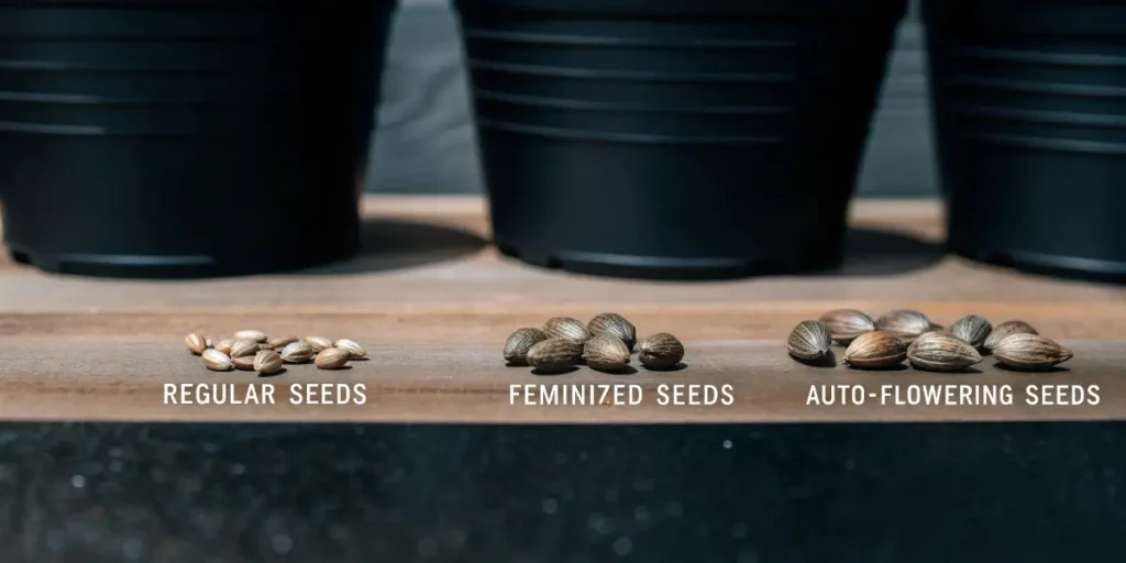 comparison of regular, feminized, and auto-flowering cannabis seeds on a wooden surface