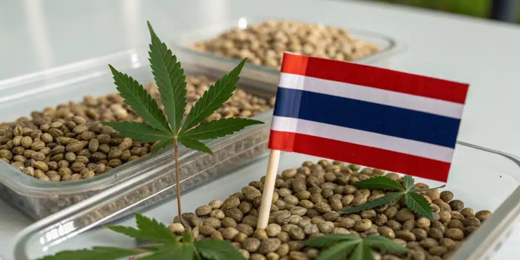 A Thai flag placed among cannabis seeds and hemp leaves in a wooden bowl.