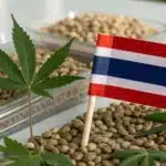 A Thai flag placed among cannabis seeds and hemp leaves in a wooden bowl.