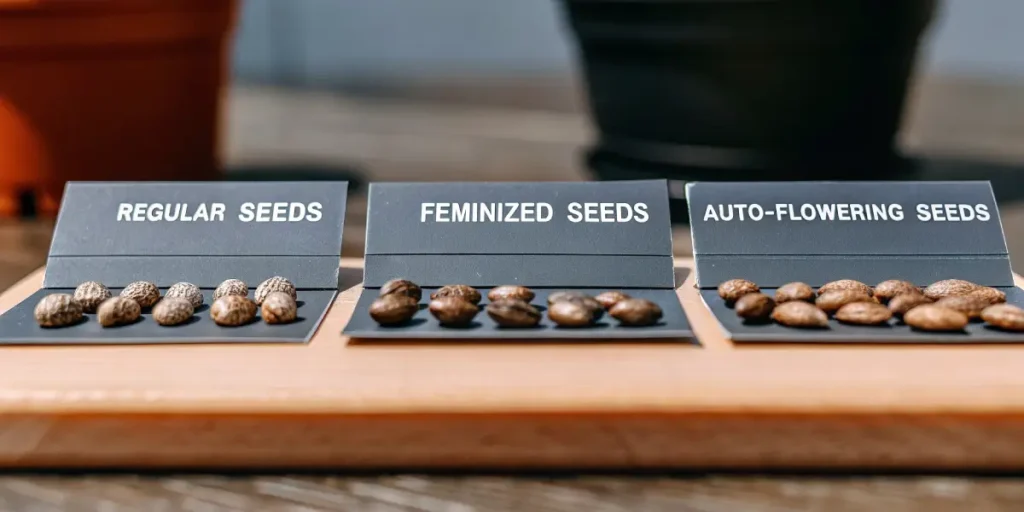 categorized cannabis seeds labeled regular, feminized, and auto-flowering on display cards