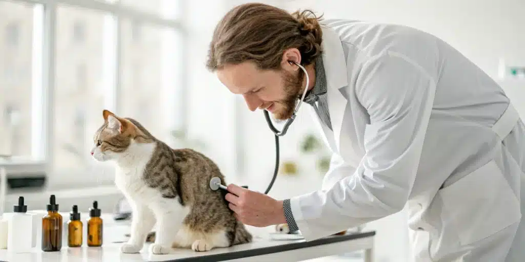 Veterinarian listening to a tabby cat's back with a stethoscope on a white table.