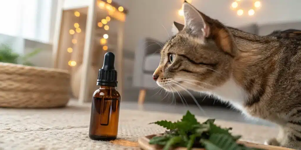 Tabby cat curiously sniffing a small brown CBD oil dropper bottle next to green leaves.